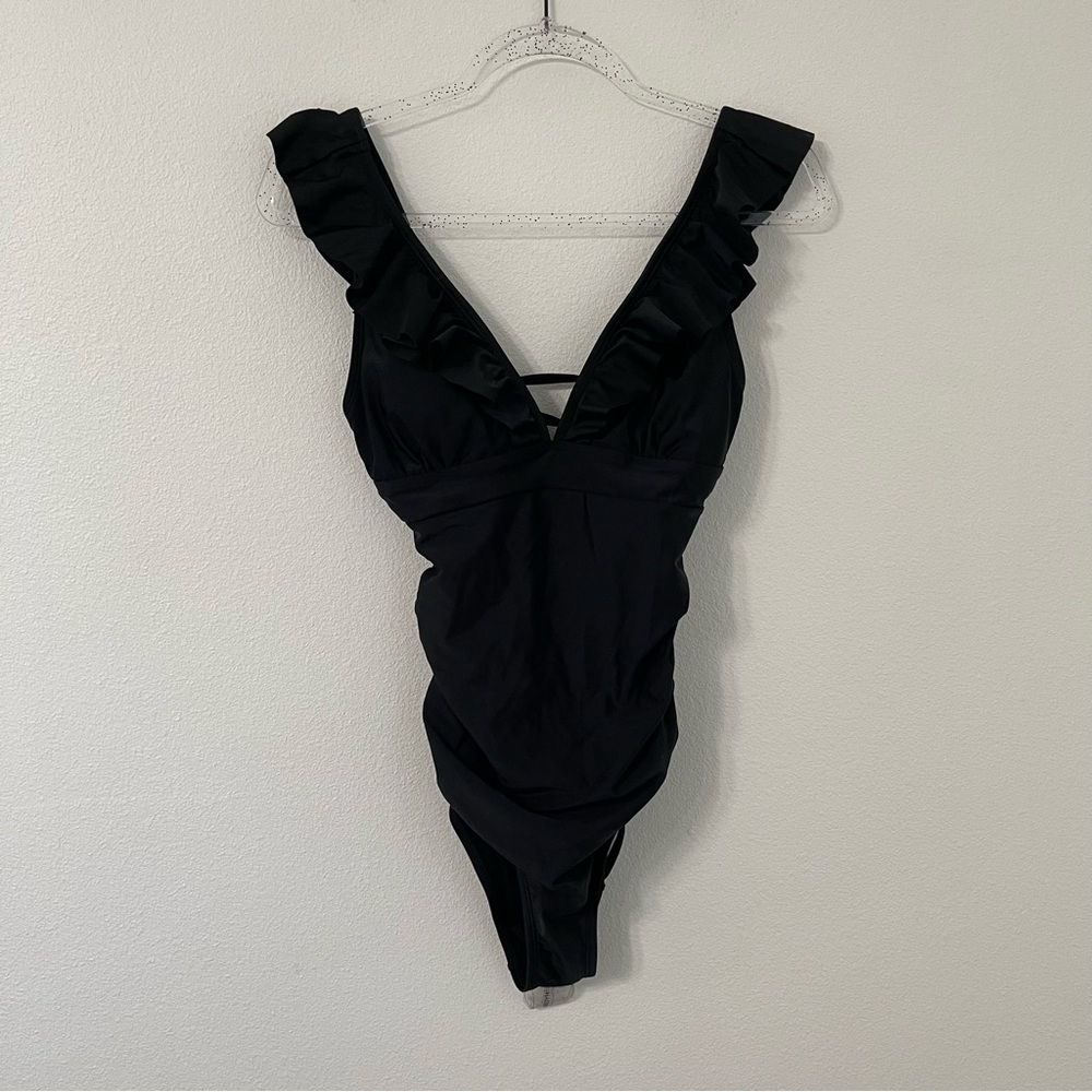 Cupshe NWT One Piece Swimsuit Black Ruffle Solid Neutral Size S